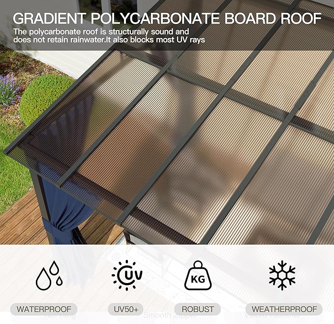 10’ x 14’ Gazebo for Patio,Wall Mounted Gazebo with Sloping Polycarbonate Roof,Aluminum Frame Outdoor pelgole w/Netting & Curtain for Garden,Deck,Backyard,NavyBlue