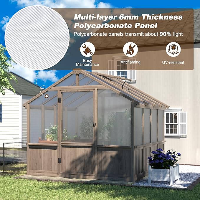 BlueWish 8x8 FT Greenhouses for Outdoors, Cedar Green House with 6MM Polycarbonate Panel, Greenhouse Kit with Adjustable Vent & Lockable Door, Walk-in Greenhouse for Outside, Garden, Backyard