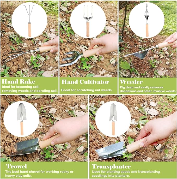 Heavy Duty Gardening Tools, 9 Pieces Garden Tool Set, Stainless Steel Rust Proof Non-Slip Garden Hand Tools with Fashion and Durable Storage Bag, Ideal Gardening Gifts for Women Men Mom