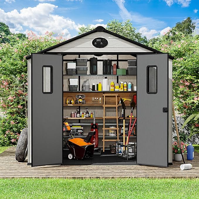 8 x 8 FT Plastic Outdoor Storage Shed with Floor,Garden Resin Shed with Window and Lockable Door, Outside Sheds for Bike, Garbage Can, Tool