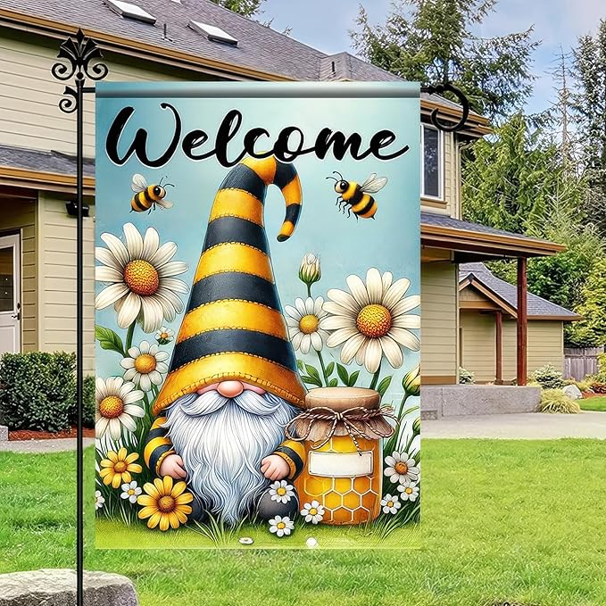 Welcome Spring Garden Flag Daisy Honey Garden Decoration 12x18 Double Sided Garden Outdoor House Spring Yard Flags for Outdoor Lawn and Patio Seasonal Farmhouse Flag