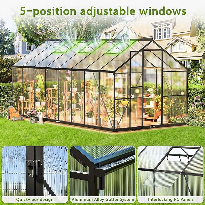 Wanan 16x8FT Greenhouses for Outdoors, Quick Assembly Polycarbonate Green House with UV Protection, Heavy Duty Windproof Aluminum Frame, Adjustable Roof Vent for Backyard or Outdoor Garden Use