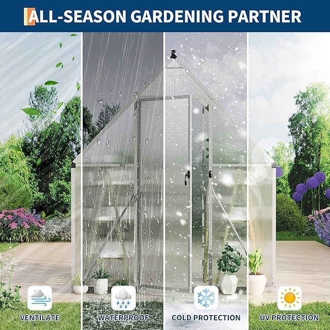 6X4 ft Polycarbonate Greenhouse with Aluminum Frame, Polycarbonate Greenhouse for Outdoors, Greenhouses with Ventilation, Aluminum Large Walk-in Greenhouses for Outside