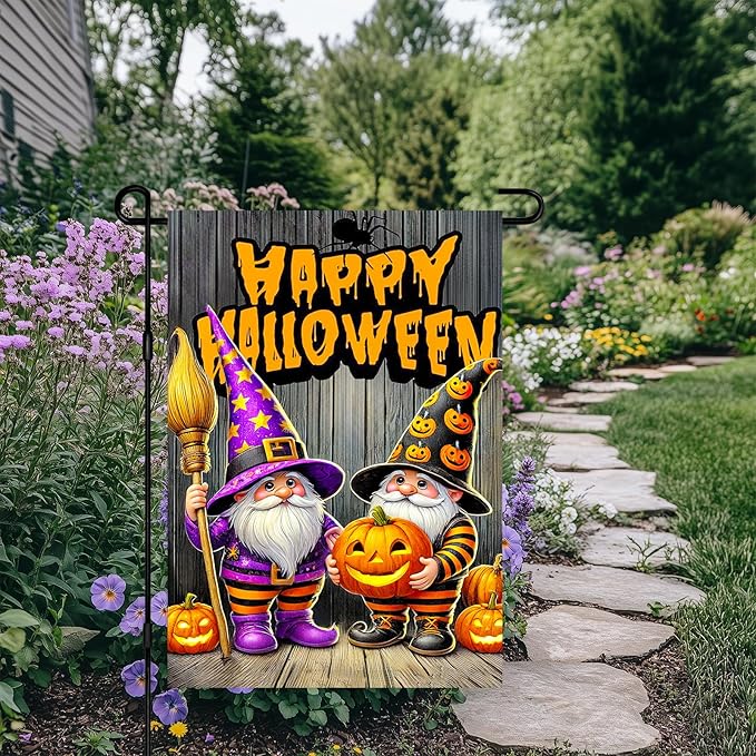 Halloween Horror Garden Flag 12x18 Inch Pumpkin Gnome Happy Halloween Flag Lantern Flames Outdoor Yard Decor House Banner Porch Lawn Patio Home Decoration