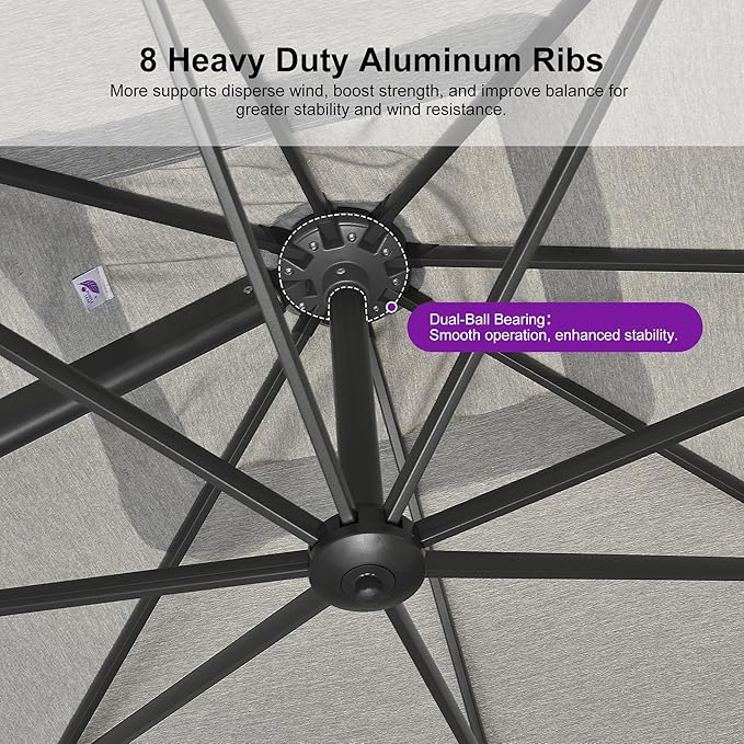 PURPLE LEAF 9 FT Outdoor Umbrella with Base Patio Cantilever Aluminum Umbrella with 3 Years Fade Resistance Recycled Fabric Offset Square with 360-degree Rotation for Deck Pool Garden, Pebble Grey