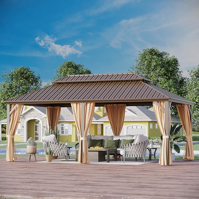 12'x20' Hardtop Gazebo Outdoor Aluminum Patio Gazebo Double Roof Galvanized Steel Canopy with Netting and Curtains for Garden, Backyard,Deck and Lawns