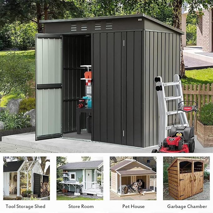6x4ft Outdoor Storage Shed, Galvanized Steel Garden Shed with Sloping Roof, Lockable Double Doors and 16 Air Vents, Utility Tool Storage for Backyard Patio