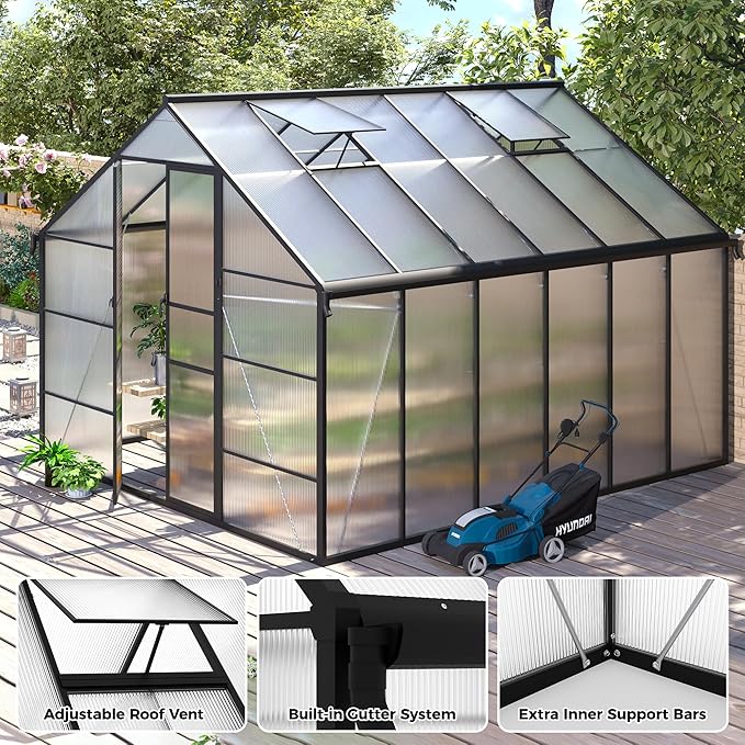 10x12 FT Greenhouse for Outdoors, Polycarbonate Greenhouse with Roof Vent, Enhanced Aluminum Large Walk-in Green House for Garden Backyard