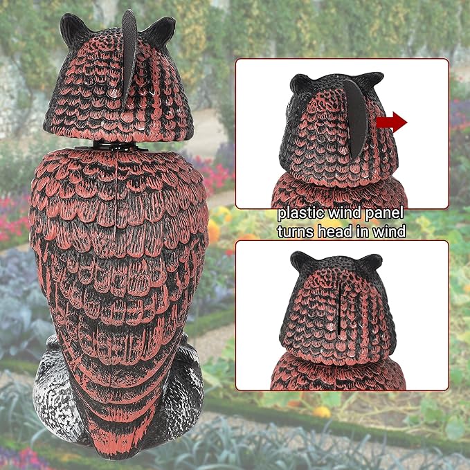 Hausse 3 Pack Bird Scarecrow Fake Owl Decoy Sculpture, Rotating Head Plastic Owl Bird Deterrents, 10.6 Inch Height Nature Enemy Horned Pest Repellent for Outdoor Garden Yard