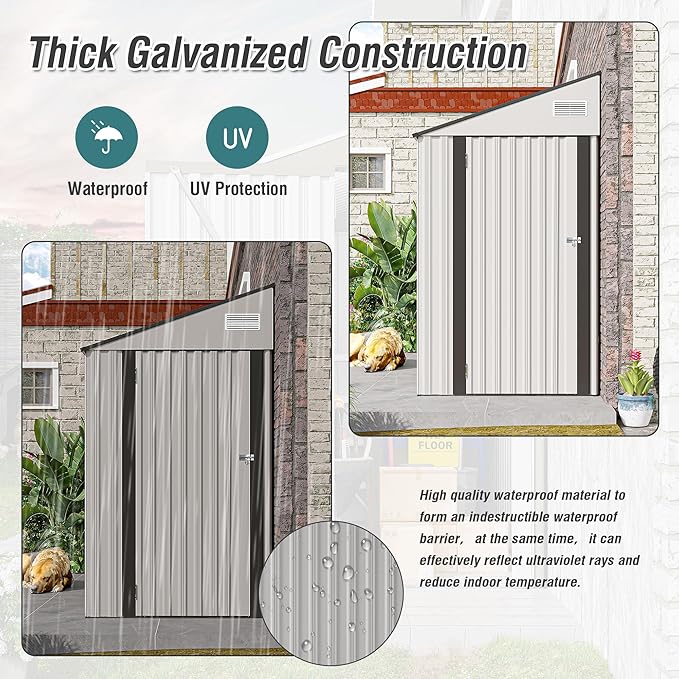8x4 FT Outdoor Storage Shed, Metal Shed with Floor, Lockable Door, Sloping Roof, All-Weather Lean to Resin Shed for Garden, Backyard, Patio, Lawn (White)