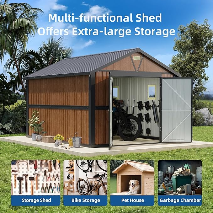 10x12 FT Outdoor Storage Shed, Garden Metal Shed with Lockable Doors & Window, Large Tool Shed for Backyard, Patio & Lawn