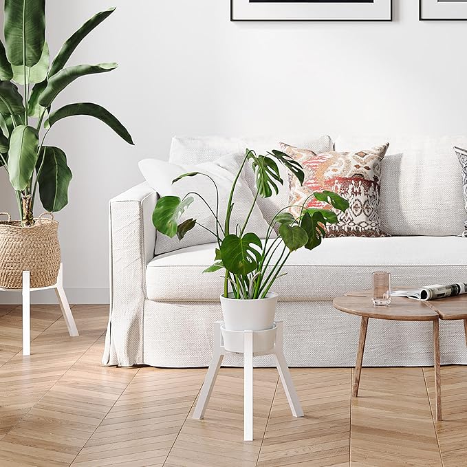 Adjustable Plant Stands Set of 2, Metal Modern Small Plant Holder, Heavy Duty Stable Flower Holder Stand Rack for 10-16 Inch Indoor Outdoor Corner Living Room Balcony Office White PS-007WH-2