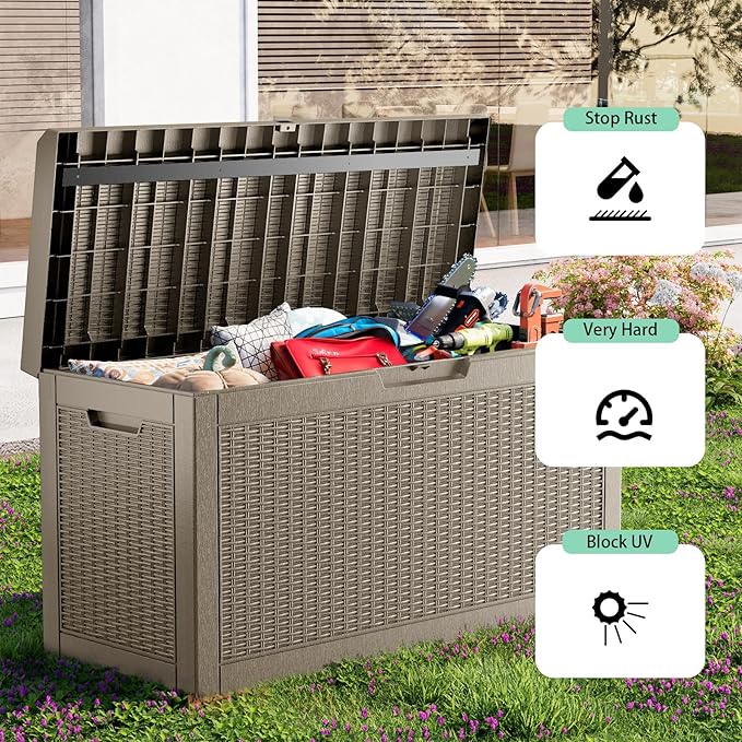 Vixzen 60 Gallon Outdoor Deck Box,Lockable Resin Waterproof Storage Box,UV Resistant,Weather Resistance,Outside Storage Bin for Gardening Tools,Pool Supplies,Gray