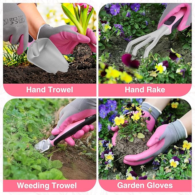 WORKPRO 5PCS Garden Tool Set, Powder Coating Compact Aluminum Gardening Tool Set with Repotting Mat, Outdoor Garden Hand Tools, Ideal Gardening Gift, Pink Ribbon