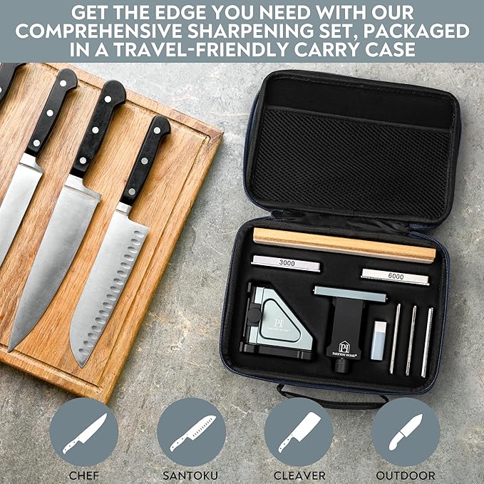 ORIGINAL ADJUSTABLE ROLLING KNIFE SHARPENER KIT: Adjustable Height, 30 Angle Options, 5 Removeable Whetstone Plates, Leather Strop with Travel Case - Kitchen Knife Sharpener