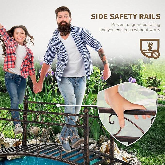 Outsunny 3.3' Metal Arch Zen Garden Bridge with Safety Siderails, Decorative Footbridge, Delicate Scrollwork & Corner Spheres for Stream, Fish Pond, Bronze