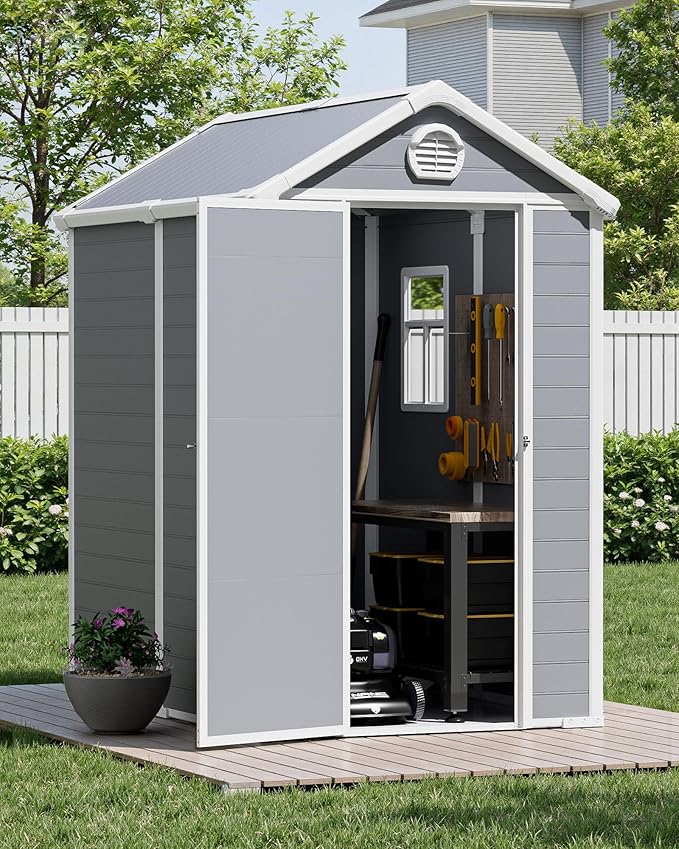 6x4.5 FT Plastic Sheds & Outdoor Storage, UV Resistant Storage Sheds Outdoor with Floor and Window, All-Weather Garden Resin Tool Shed for Lawn Mower, Yard Tools, Bike, Light Grey