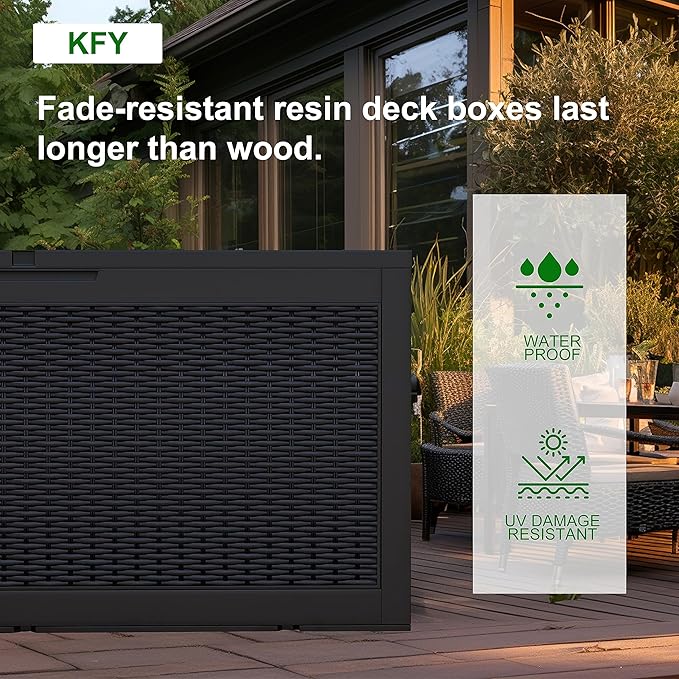 DRATO 320 Gallon Deck Box, Outdoor Large Waterproof Resin Storage Box with Lockable Lid for Patio Cushions, Gardening Tools, Black