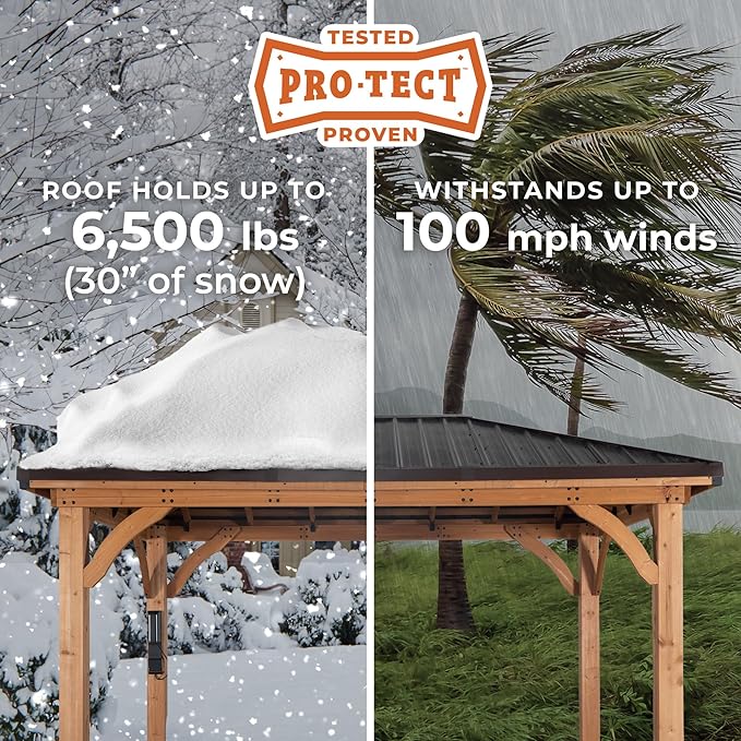 Backyard Discovery Barrington 12' x 10' Cedar Wood Outdoor Gazebo Pavilion with Hardtop Galvanized Steel Hip Roof, Snow Support, Wind Resistance, PowerPort, Shade for Garden, Patio, Deck, Entertaining