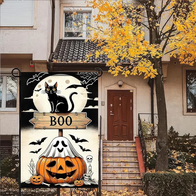 Halloween Garden Flag 12x18 Inch Double Sided Ghost Pumpkin Flags Cat Boo Sign Moon Bat Banner Small Yard Flag for Halloween Outdoor Decoration