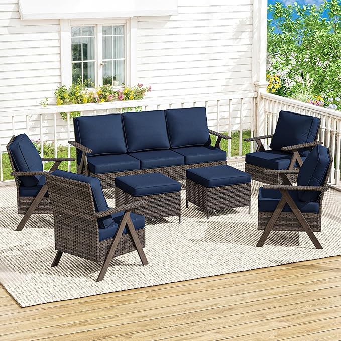 7 Pieces Patio Furniture Set,Outdoor Sofa & High Back Wicker Patio Chairs, Patio Conversation Set with Ottoman for Deck Yard and Poolside