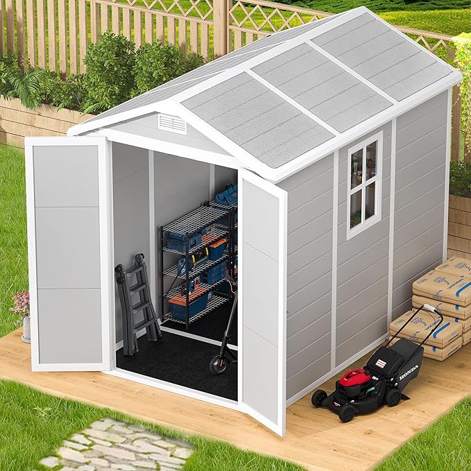 8x6 FT Resin Outdoor Storage Shed with Floor, Weather-Resistant Plastic Garden Shed with Windows, Lockable Door and Vents, Outside Tool Storage Sheds for Backyard, Garden, Lawn, Grey