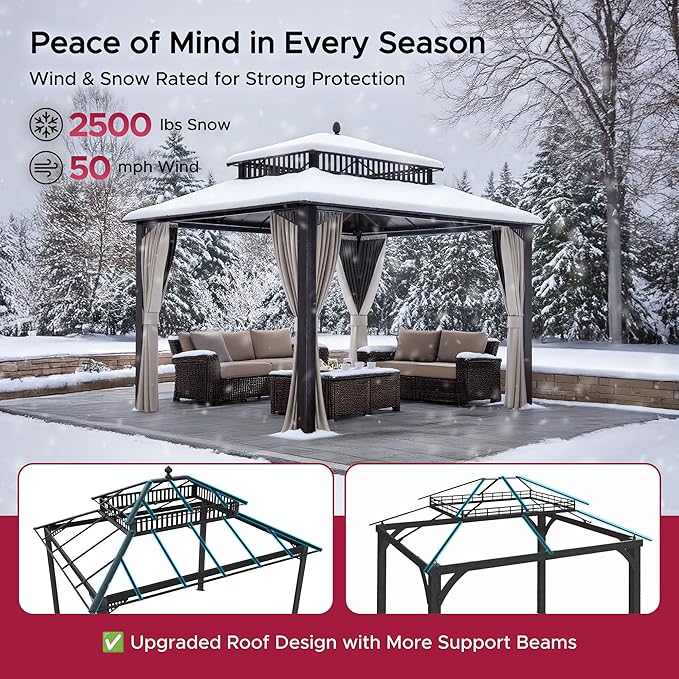 SUNJOY Kingston 12' x 10' Hardtop Gazebo with Galvanized Steel/Polycarbonate Double Roof, Curtain and Netting, Brown Aluminum Posts Permanent Pavilion Gazebo for Garden, Patio, Deck, Lawn