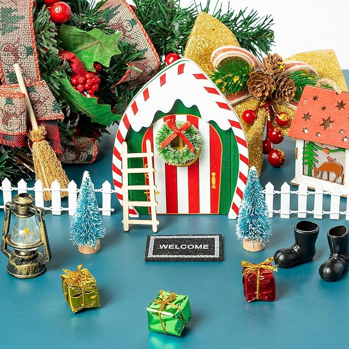 Haooryx Christmas Elf Garden Miniatures - 16Pcs Christmas Wooden Miniature Magic Fairy Doors Decoration Kit Elf Magic Door Wall Fairies Xmas Winter Xmas New Year Decor(Dripping Snow Doorframe)