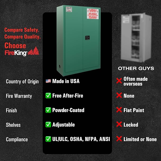 FireKing Green Flammable Safety Cabinet, Pesticides Flammable Storage Cabinet, 45 Gallon Steel Safety Cabinets with Manual Door for Commercial, Industrial & Home Use, 43" x 18" x 65"