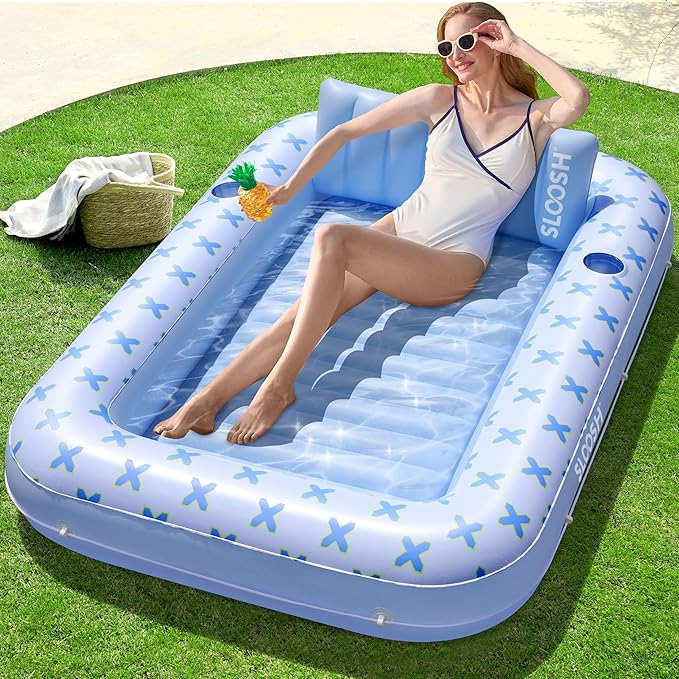 SLOOSH Inflatable Tanning Pool Lounger Float, 70" x 46" Pool Floats Adult with Pillow, 4 in 1 Suntan Tub Raft Floatie,Sunbathing Bed Lounge for Water Blow Up Ball Pit Party Gifts