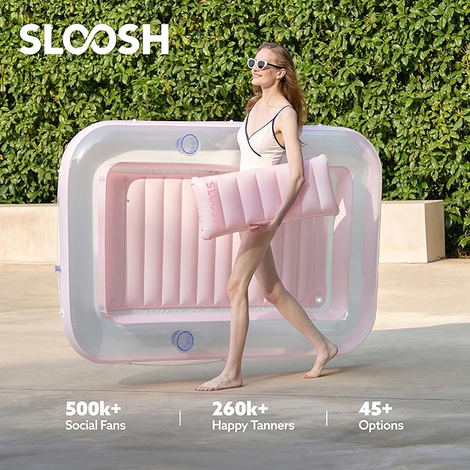SLOOSH Inflatable Tanning Pool Lounger Float, 70" x 46" Pool Floats Adult with Pillow, 4 in 1 Suntan Tub Raft Floatie,Sunbathing Bed Lounge for Water Blow Up Kids Ball Pit Party Gifts, L-Cyan Pink