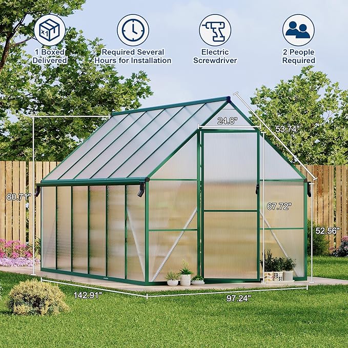8X12 ft Polycarbonate Greenhouse with Aluminum Frame, Polycarbonate Greenhouse for Outdoors, Greenhouses with Ventilation and Rain Gutter, Aluminum Large Walk-in Greenhouses for Outside