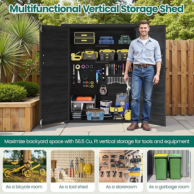 Vertical Outdoor Storage Shed with Floor, 56.8 Cu.Ft Resin Tool Cabinet with Lockable Doors, Waterproof Garden Storage Shed for Patio, Backyard & Garage Organization (Dark Gray)