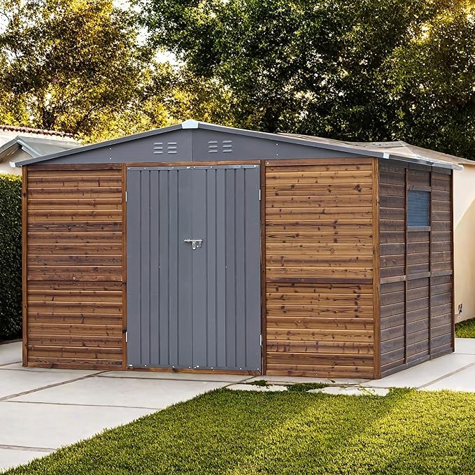 10x8 FT Wood Storage Shed, Outdoor Storage Shed with Lockable Door, Window & Vents, Waterproof Wooden Metal Tool Storage for Garden, Lawn, Backyard, Patio
