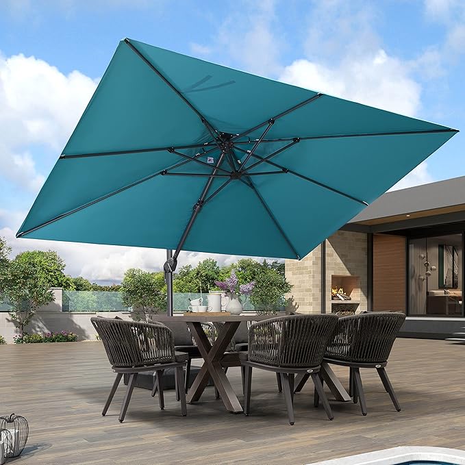 PURPLE LEAF 9' X 12' Cantilever Outdoor Umbrellas Large Patio Umbrella Hanging Double Top Rectangle Offset Umbrella with 360°Rotation Tilting Umbrella Outdoor Patio, Turquoise Blue