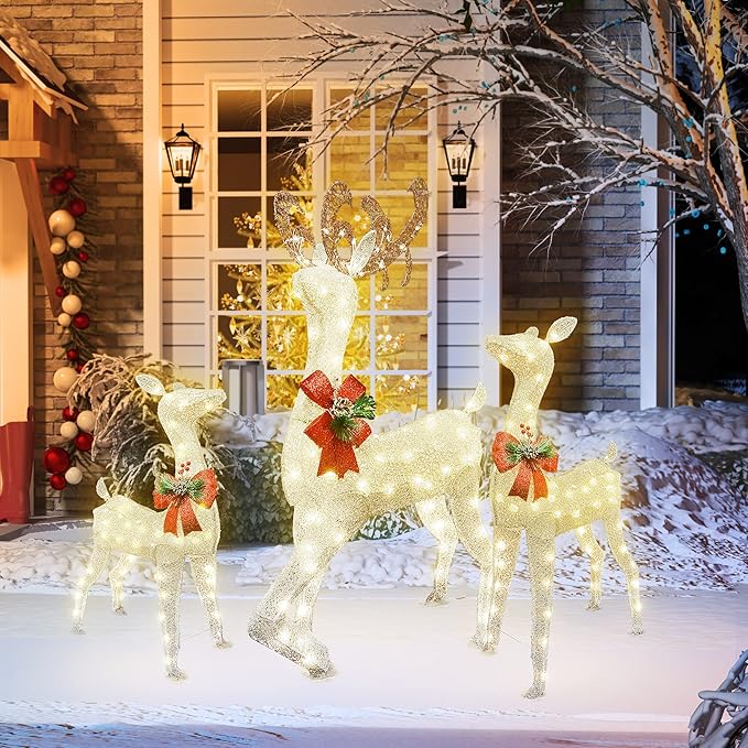 Lamerge Lighted Reindeer Family Set of 3, Christmas Decorative Deer with Red Bow and Ground Stake, Indoor or Outdoor Christmas Holiday Decoration for Yards Lawn Patio -White