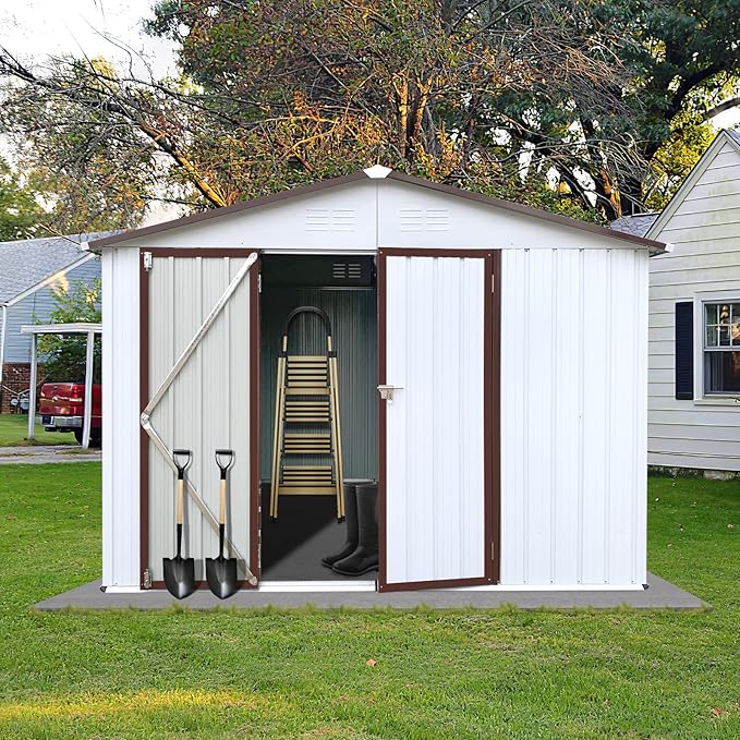 Metal Garden Sheds 8ftx10ft Outdoor Storage Sheds White+Coffee, for Backyard, Patio, Poolside
