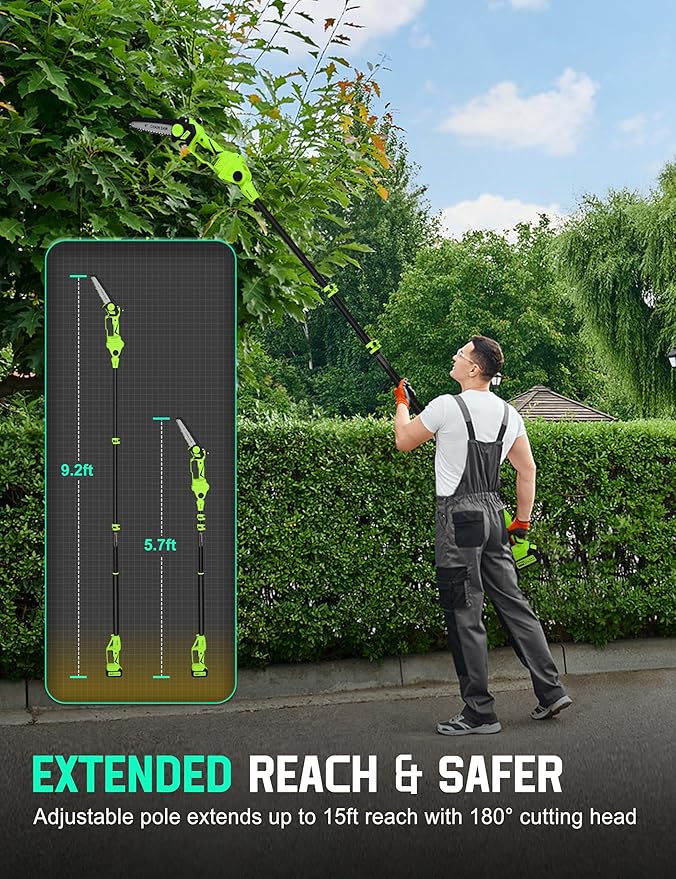 Pole Saws for Tree Trimming, 2-in-1 Electric Pole Saw & 8” Mini Chainsaw Cordless with Extension Pole, 15FT Max Reach Pole Saw Battery Powered, Tree Trimmer Limb Branch Cutter Pruner, 2×3.0Ah Battery