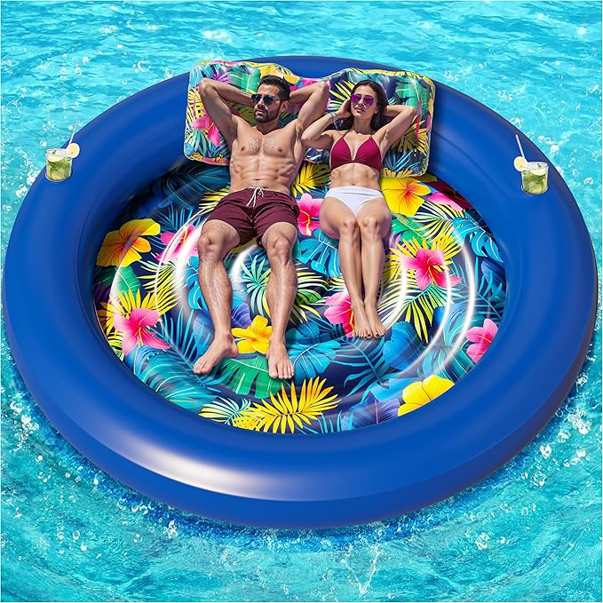 JAMBO Huge Round 76 x 76 Tanning Pool Lounger, Pool Float, Inflatable Sun Tanning Pool Float, Tanning Chair, Pool Floats Adult, Water Lounge Raft Pool Lounger Adults, Tanning Raft Sunchill Tanning Bed