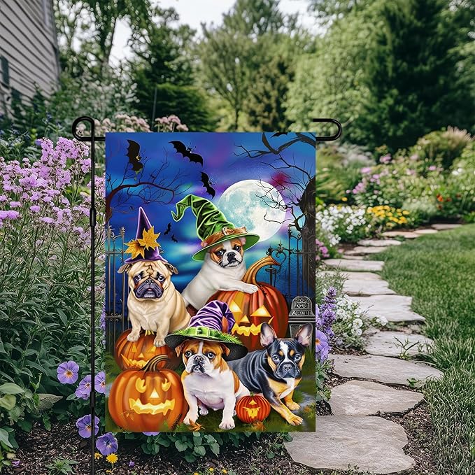 Double Sided 12x18 Inch Halloween Garden Flag, Scary Pumpkin Pug Bat Haunted House Outdoor Decoration, Halloween Trick or Treat Dog Garden Flag for Outdoor Yard Lawn Decoration