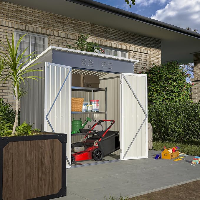 6x4 FT Outdoor Storage Shed, Metal Garden Shed with Frame Floor, Outside Tool Shed with Lockable Hinged Doors, Waterproof Storage Building with Sloped Roof for Backyard, Patio, Lawn, Gray