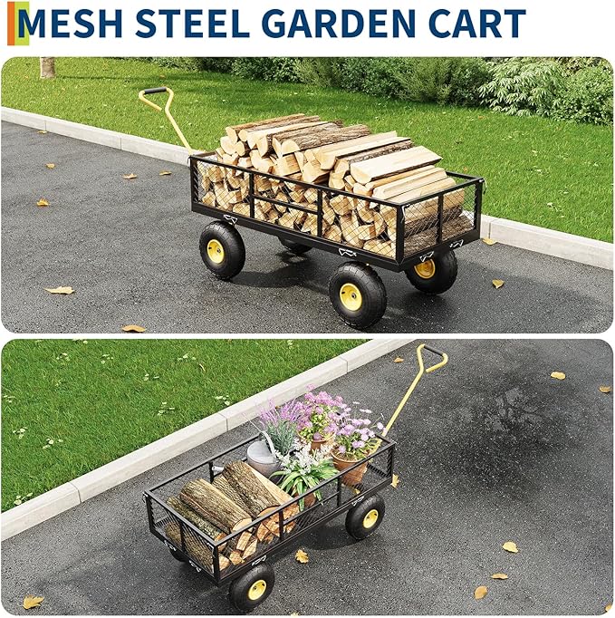 GarveeLife 900 LBS Garden Cart with Removable Mesh Sides, Heavy Duty Steel Garden Wagon with Adjustable Handles & 10 in Pneumatic Tires, Utility Wagon for Lawn Camping Farm Yard, Black+Yellow