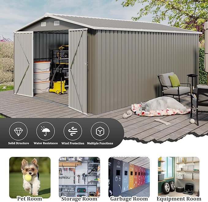 10x14 FT Outdoor Metal Storage Shed with Lockable Door, Steel Garden Utility Shed with Vents, Backyard Patio Tool Shed for Lawn Equipment, Bike, Firewood and Mower Storage, Light Gray