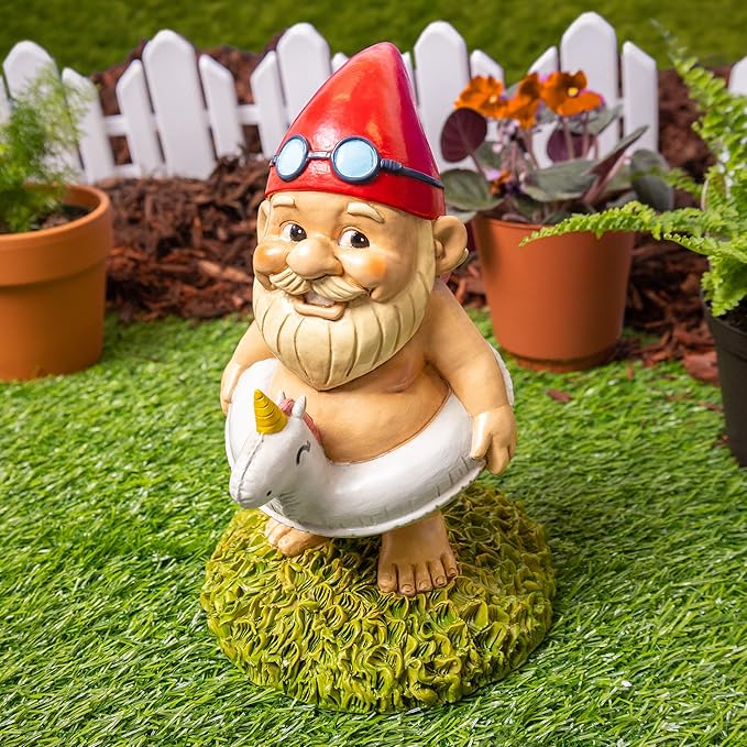 9” Funny Unicorn Pool Float Garden Gnome – Hilarious Lawn Statue for Outdoor Decor – All-Weather Resin Yard Ornament – Unique Housewarming & Gag Gift