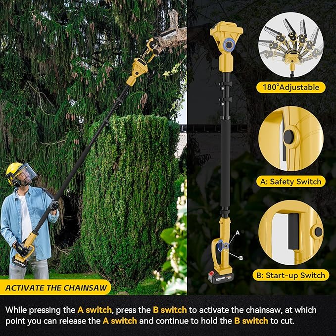2-in-1 Cordless 6 in Pole Saw for Tree Trimming,15.5 ft Extended Reach Electric Saw with 180° Adjustable Head, Brushless Motor, 2 x 1300 Ah High-Capacity Batteries & Extra Chain