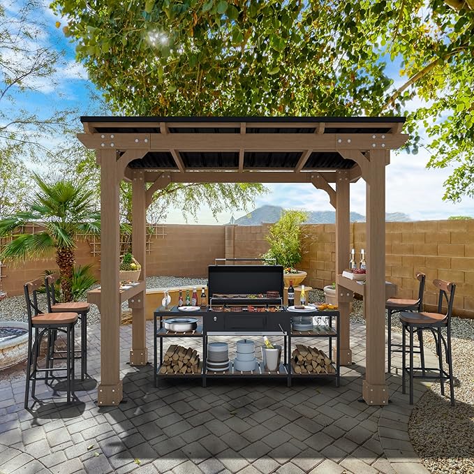 MUPATER 8' x 5' Wooden Grill Gazebo with Sloping Metal roof, Rainwater Drainage, Cedar Frame, Heavy Duty Canopy Suitable for Full-Size Grill, BBQ Canopy for Outdoor Patio, Lawn, Garden, Backyard