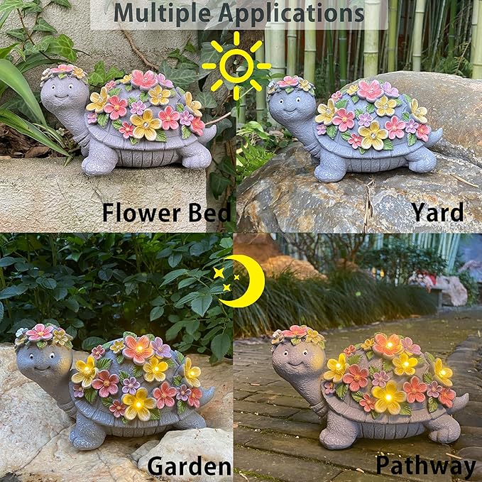 Solar Turtle Statues Garden Decor - Cute Turtle Figurine with Flowers Solar Lights, Tortoise Statue for Outdoor Yard, Lawn, Patio Decoration - Birthday Gifts for Mom Grandma Women