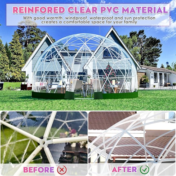 12FT Garden Dome Tent, Geodesic Dome Greenhouse with PVC Clear Cover, Waterproof Garden Bubble Dome Tent House with 2 x 10M Light Strings for Outdoor, Patio, Backyard, Party (Green Edge, 10FT/3M)
