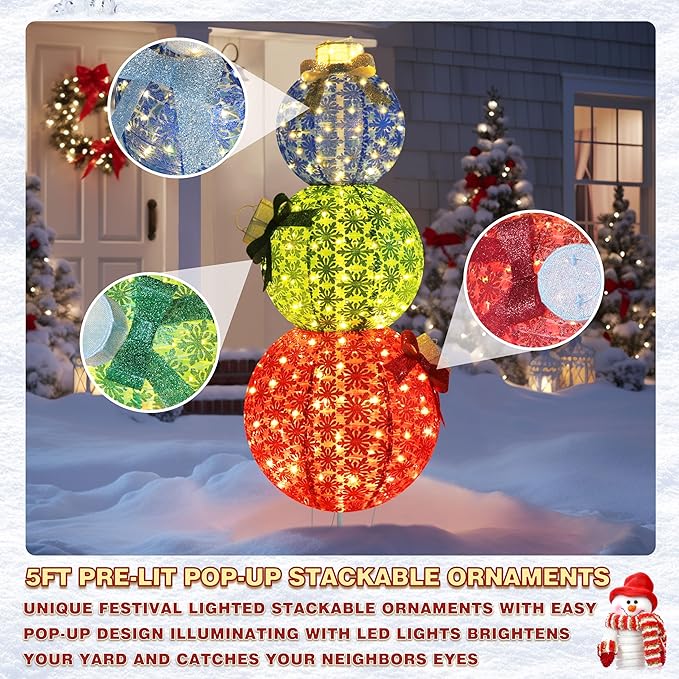 VEIKOU 5 FT Pop-Up Lighted Stacked Christmas Ornaments with 210 Warm White LED Lights & 4 Ground Stakes, Collapsible Christmas Light Ornaments for Backyard, Lawn, Garden