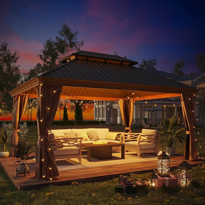 12' X 16' Hardtop Gazebo, Aluminum Wood-Looking Frame Outdoor Permanent Galvanized Steel Double Roof Pavilion Pergola Canopy with Privacy Curtains for Garden, Patio, Backyard, Deck and Lawns.